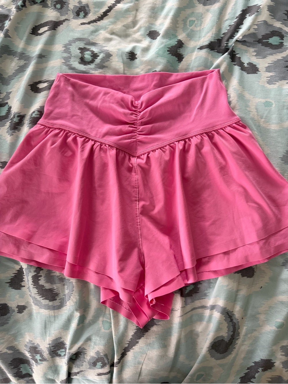 High-Waist Pink Flare Short with Ruched V-Waistband